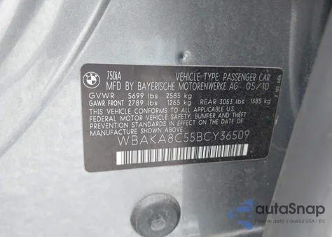 2011 BMW 750I z USA, uszkodzony, nr VIN WBAKA8C55BCY36509